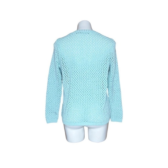 Architect Blue Crochet Open Knit Sweater White Lace Trim Lightweight Pullover L - Picture 3 of 7